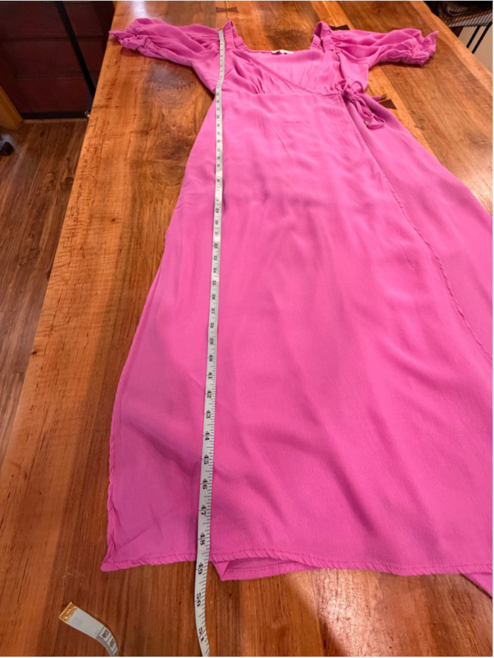 OLIVACEOUS Pink Wrap Maxi Dress Sz L Puff Sleeve Side Slit Cottagecore Boho Summ - Picture 10 of 12